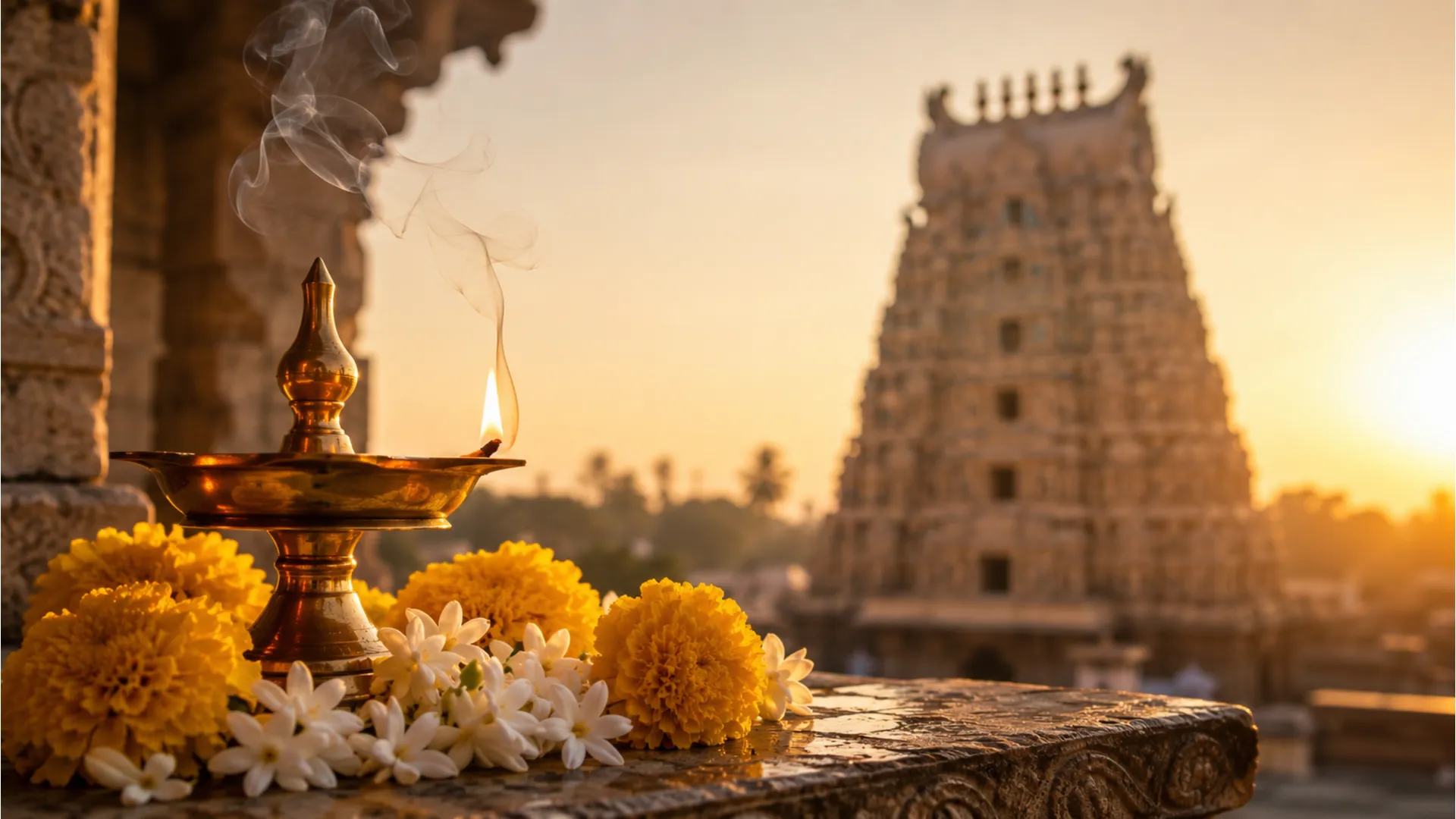 Spiritual good morning Telugu image with traditional brass diya lamp and fresh flowers