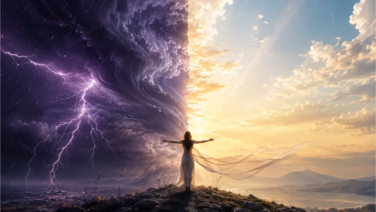 Split deity showing a dark lightning storm side and a peaceful blue sky side