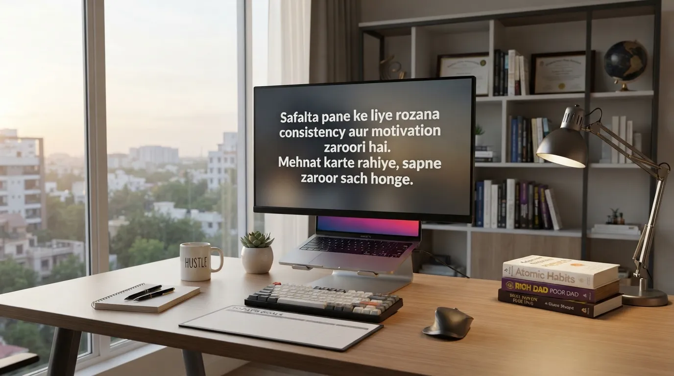 A modern clean workspace with a laptop and notebook with a motivational Hindi quote on hard work.