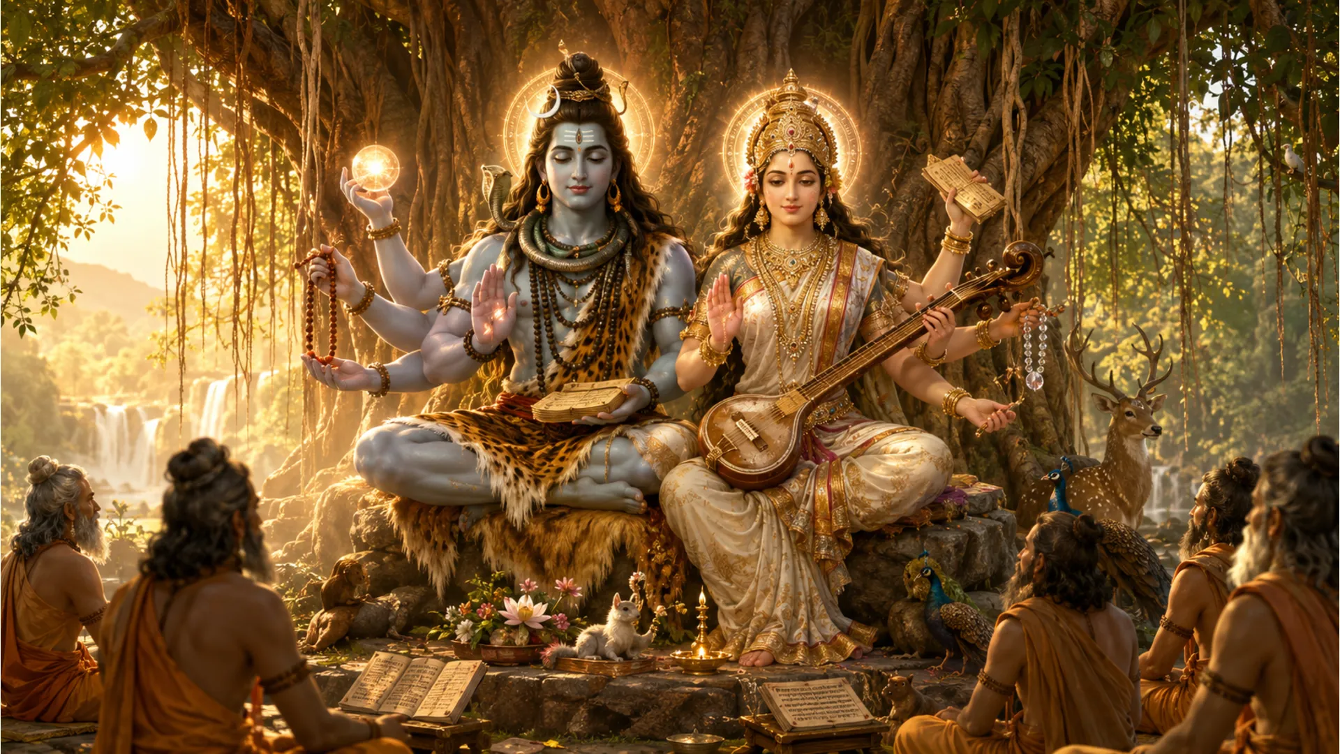 Artistic representation of Shiva and Parvati surrounded by sun rays and crescent moon symbols with multiple arms.