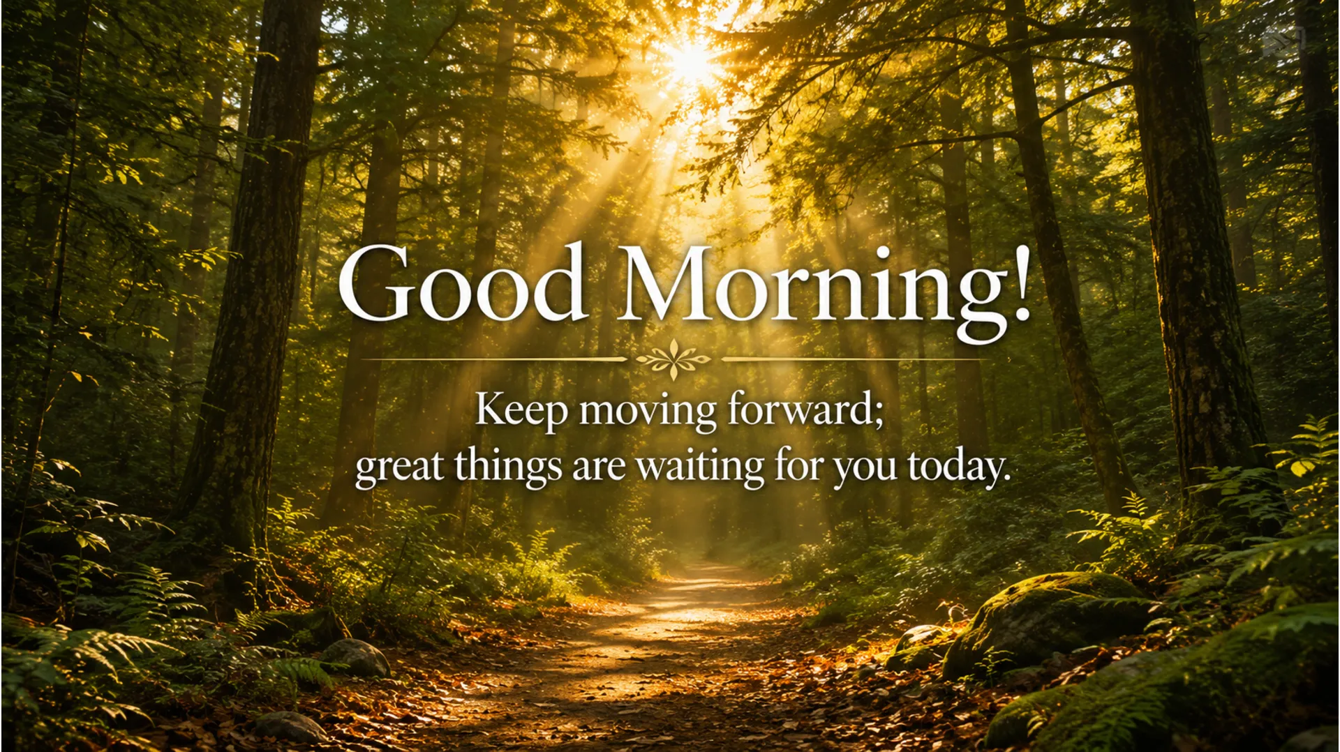 Sunbeams breaking through forest trees onto a pathway with good morning english quote