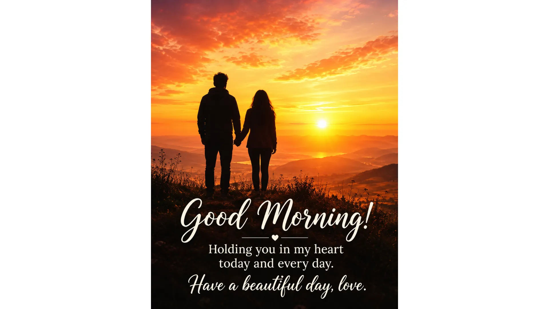 A sunrise good morning love image showing a couple holding hands against a golden sky.