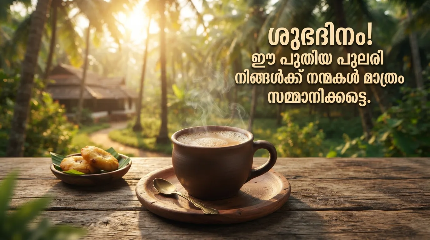 A hot cup of tea on a wooden table with a beautiful sunrise background and Malayalam Good Morning text.