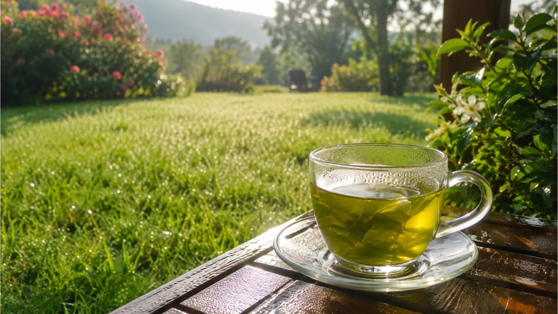 Nature background with green tea and suprabhat ravivar hindi quote.