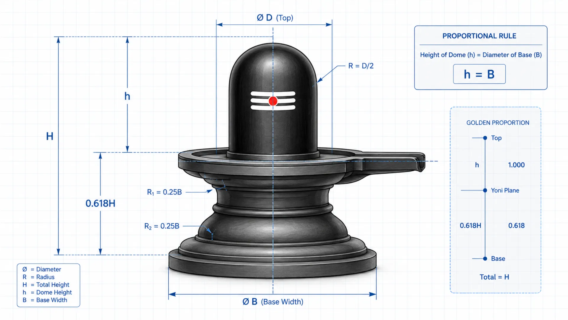 Balanced architectural grid system applied to shivling images for drawing.