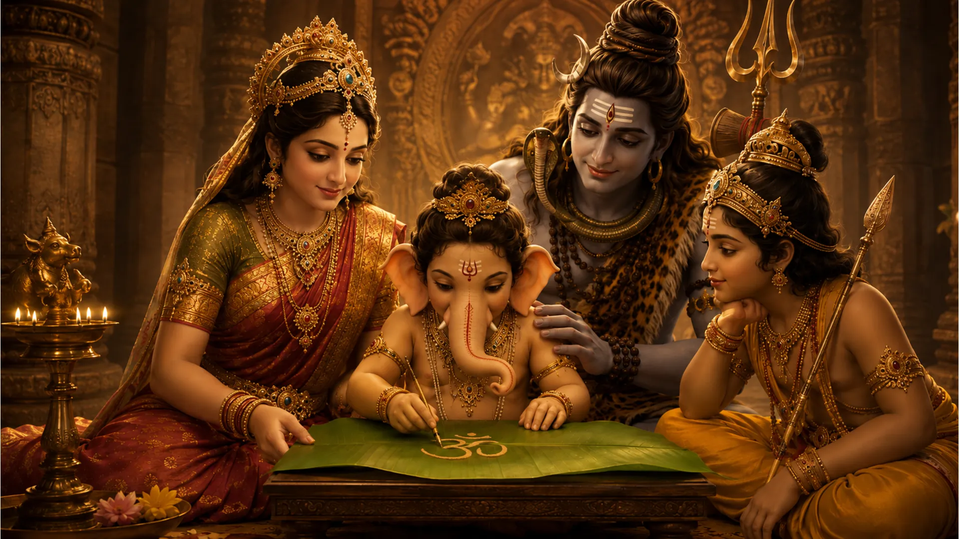 Lord Shiva and Parvati teaching Ganesha, the elephant-headed god.