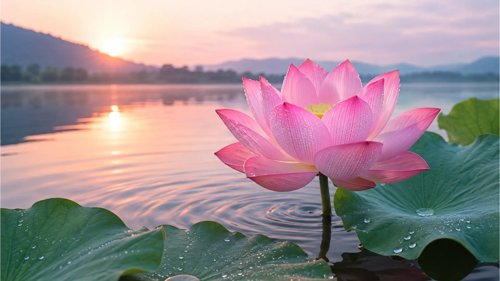 Pink lotus flower blooming in morning lake water good morning Telugu image