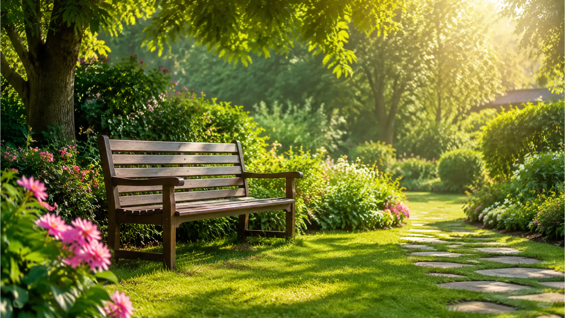 Peaceful green garden bench under warm morning sunlight good morning Telugu image