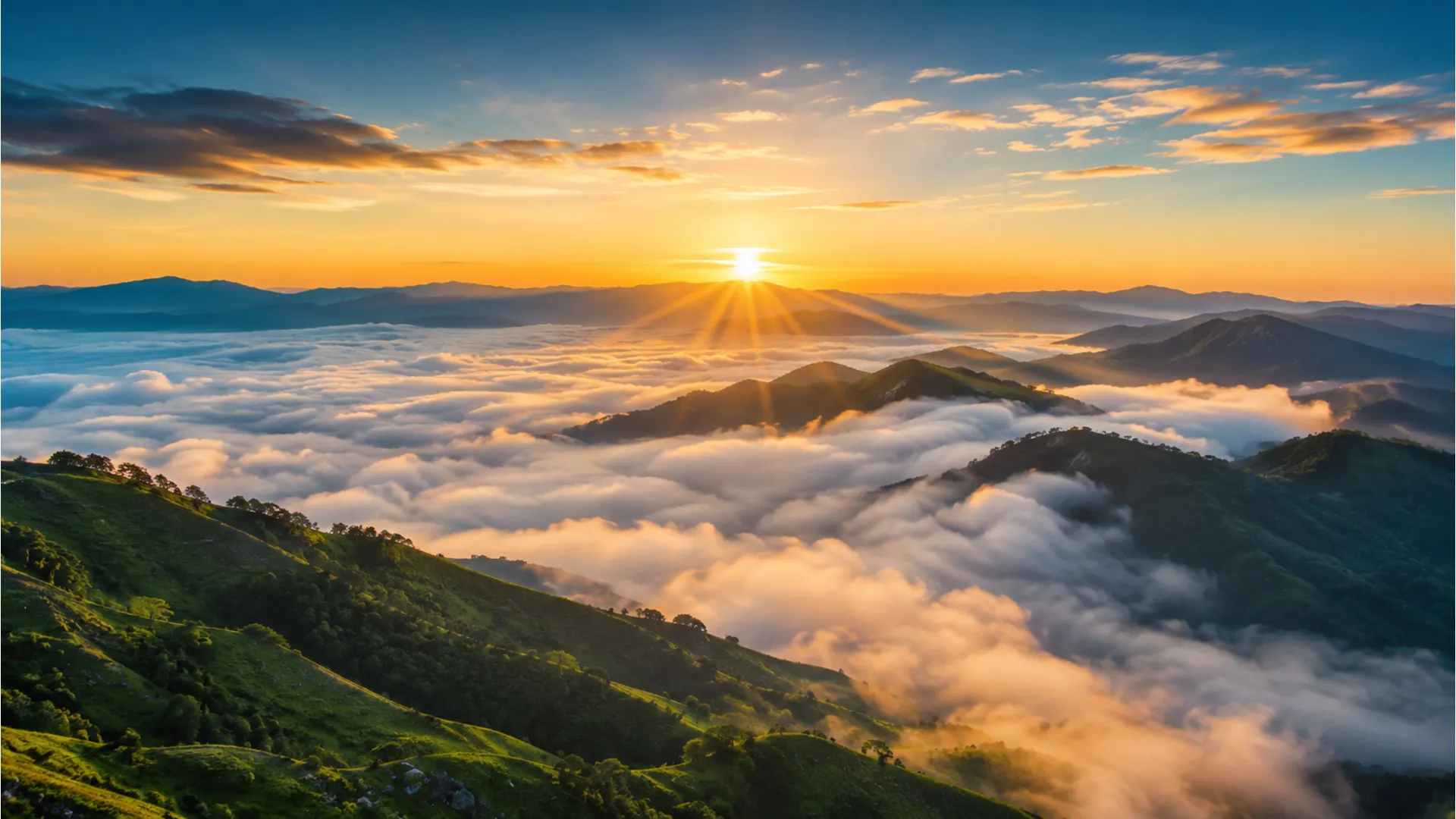 Mountain sunrise above foggy clouds for inspirational good morning Telugu post