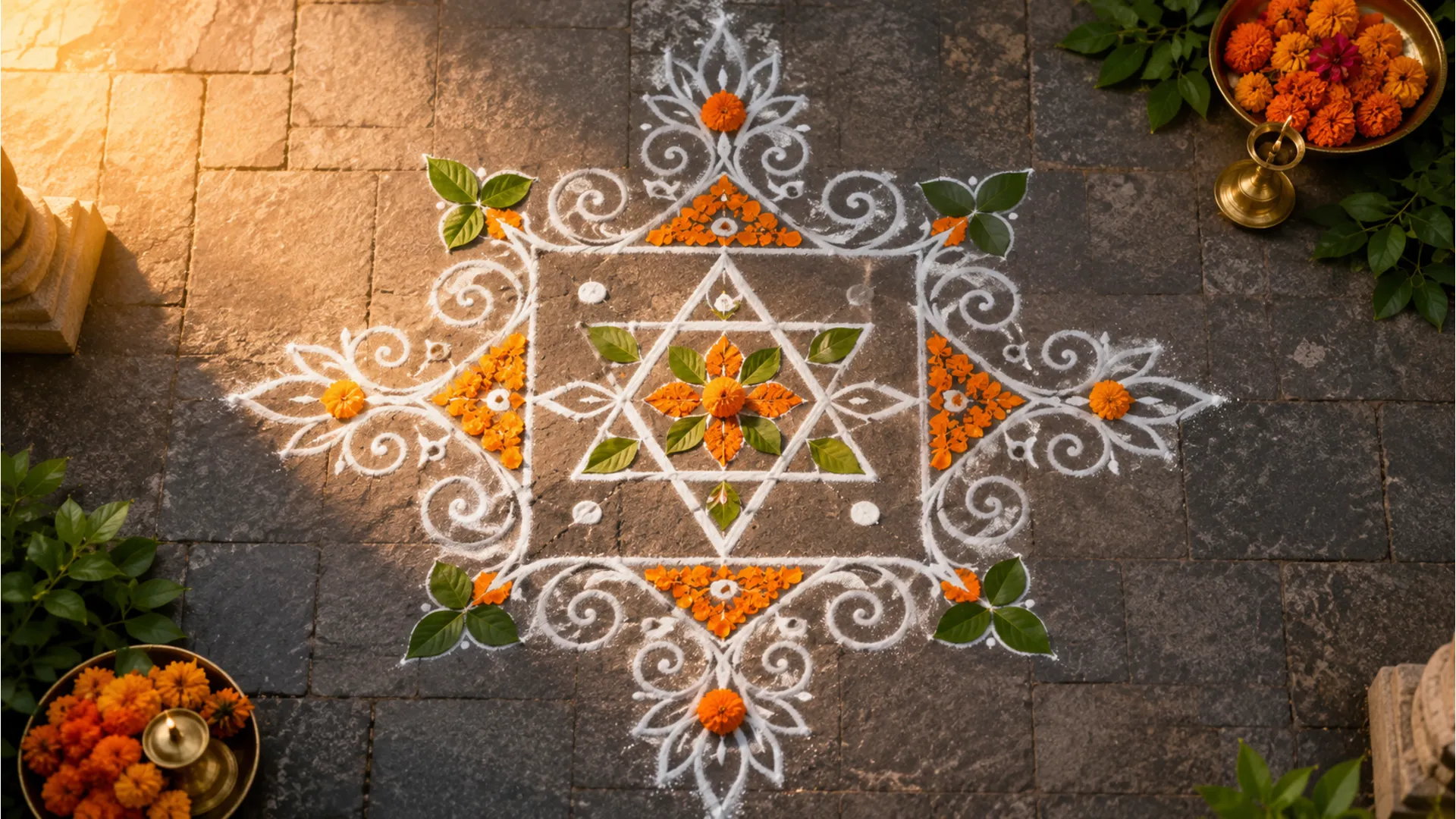 Colourful traditional Telugu Muggu rangoli design with fresh flower petals
