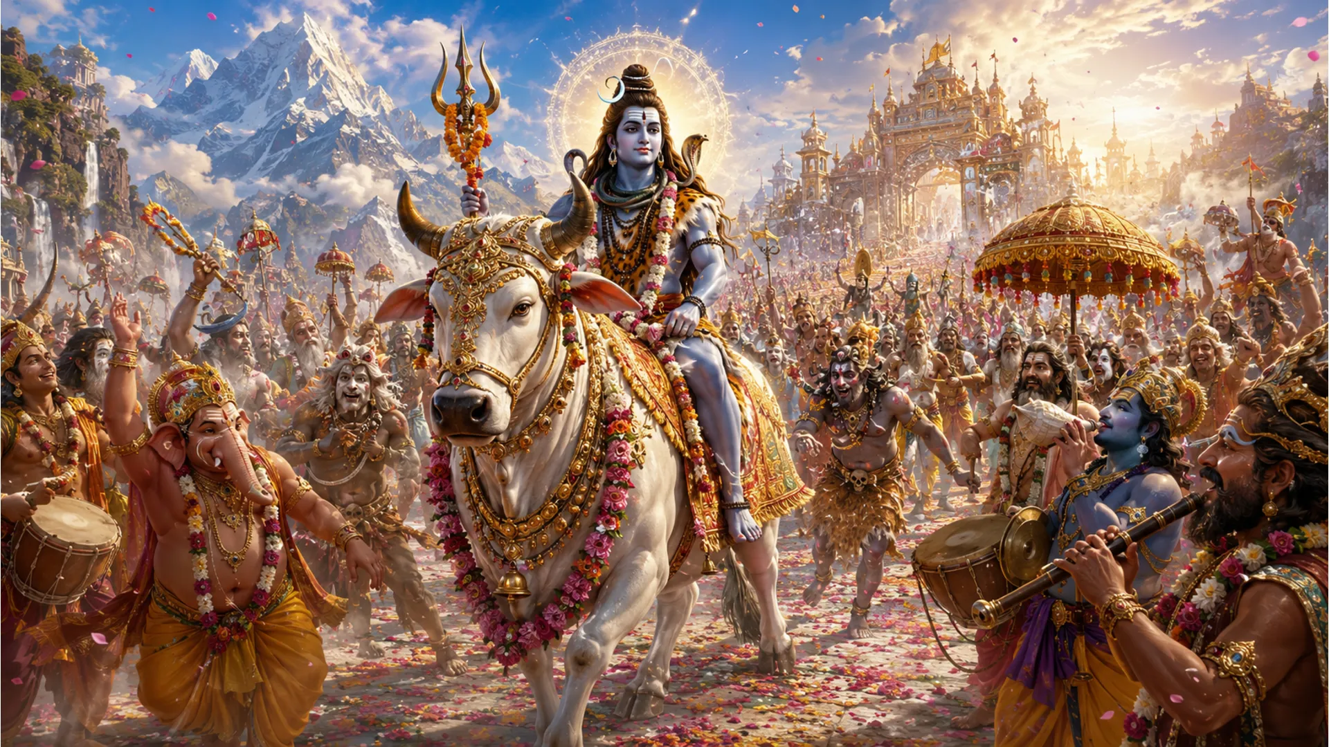 Lord Shiva's massive wedding procession (barat) with Nandi, various deities, and ganas. HD image.