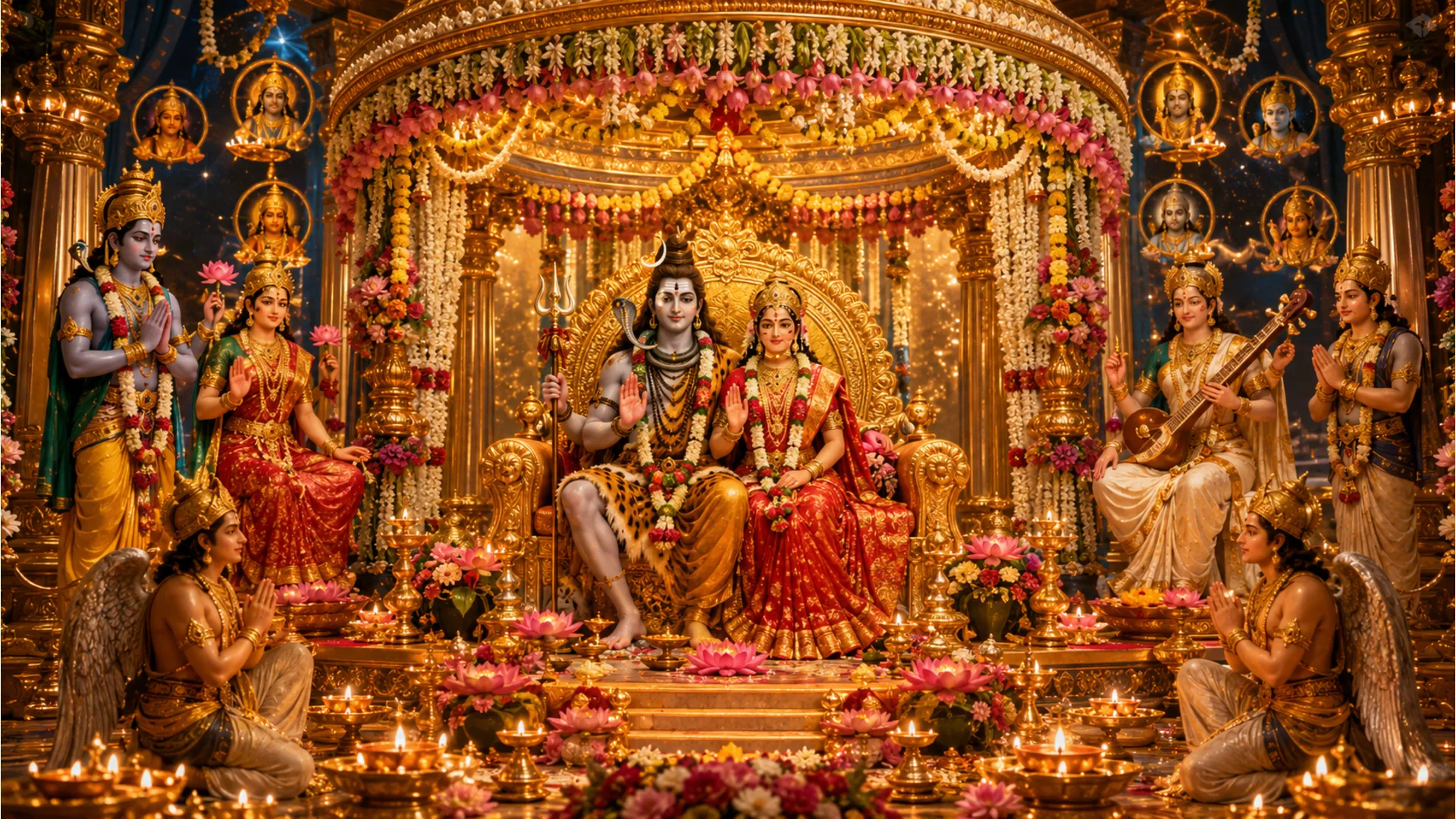 Lord Shiva and Goddess Parvati seated together in a magnificent wedding mandap after their marriage. HD image.
