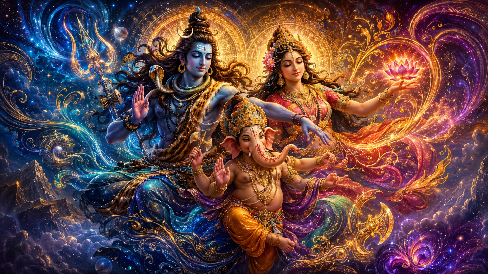 An intricate and detailed tapestry depicting Lord Shiva, Goddess Parvati, and Lord Ganesh in a cosmic dance of creation.