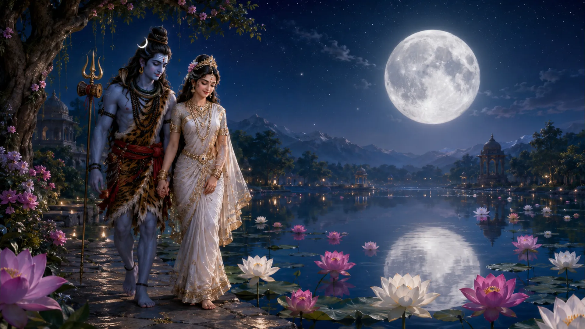 Shiva and Parvati holding hands next to a peaceful sacred pond filled with blooming lotus flowers under a full moon