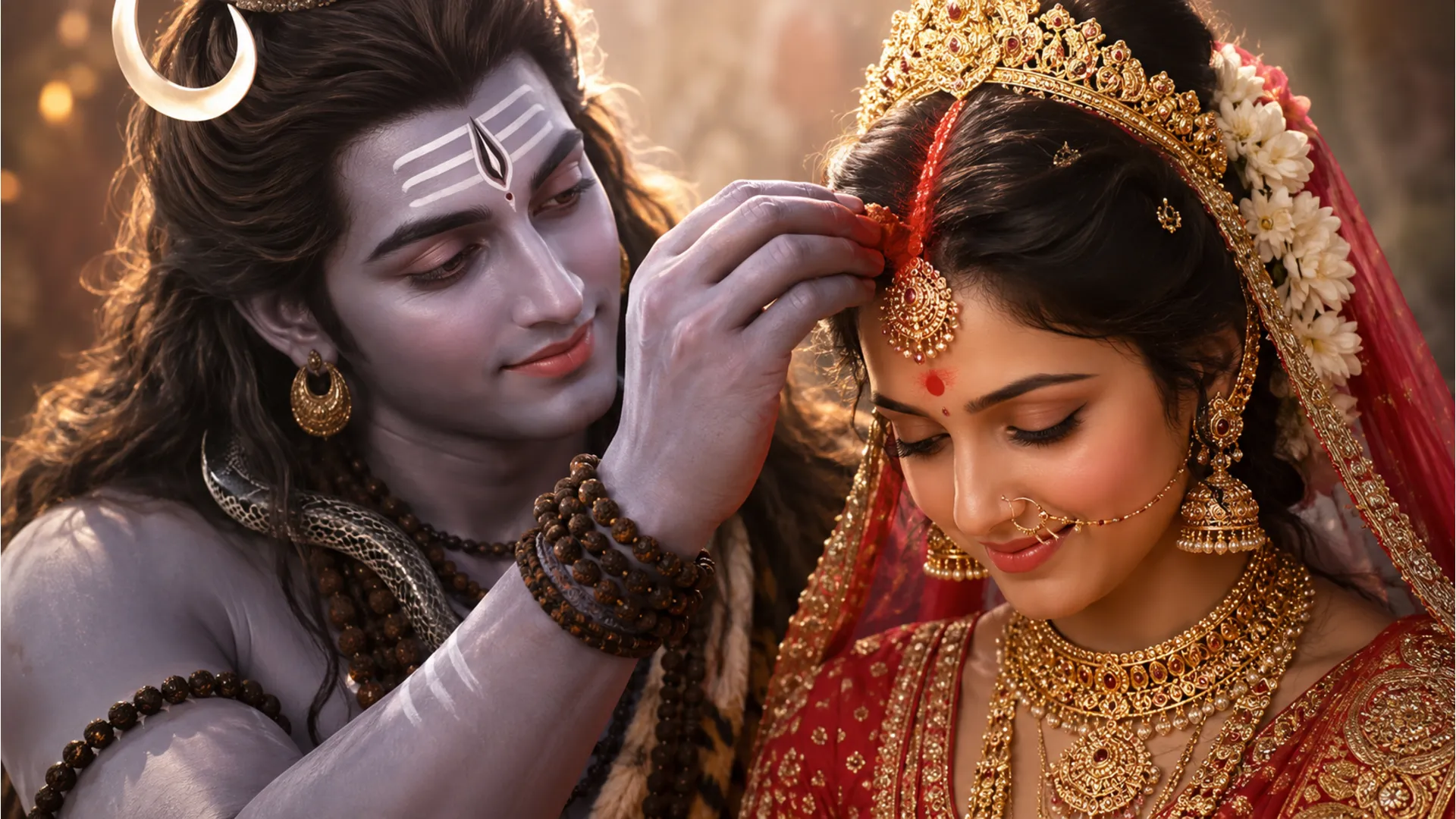 Lord Shiva applying the traditional sindoor (vermillion) to the parting of Goddess Parvati's hair. HD image.