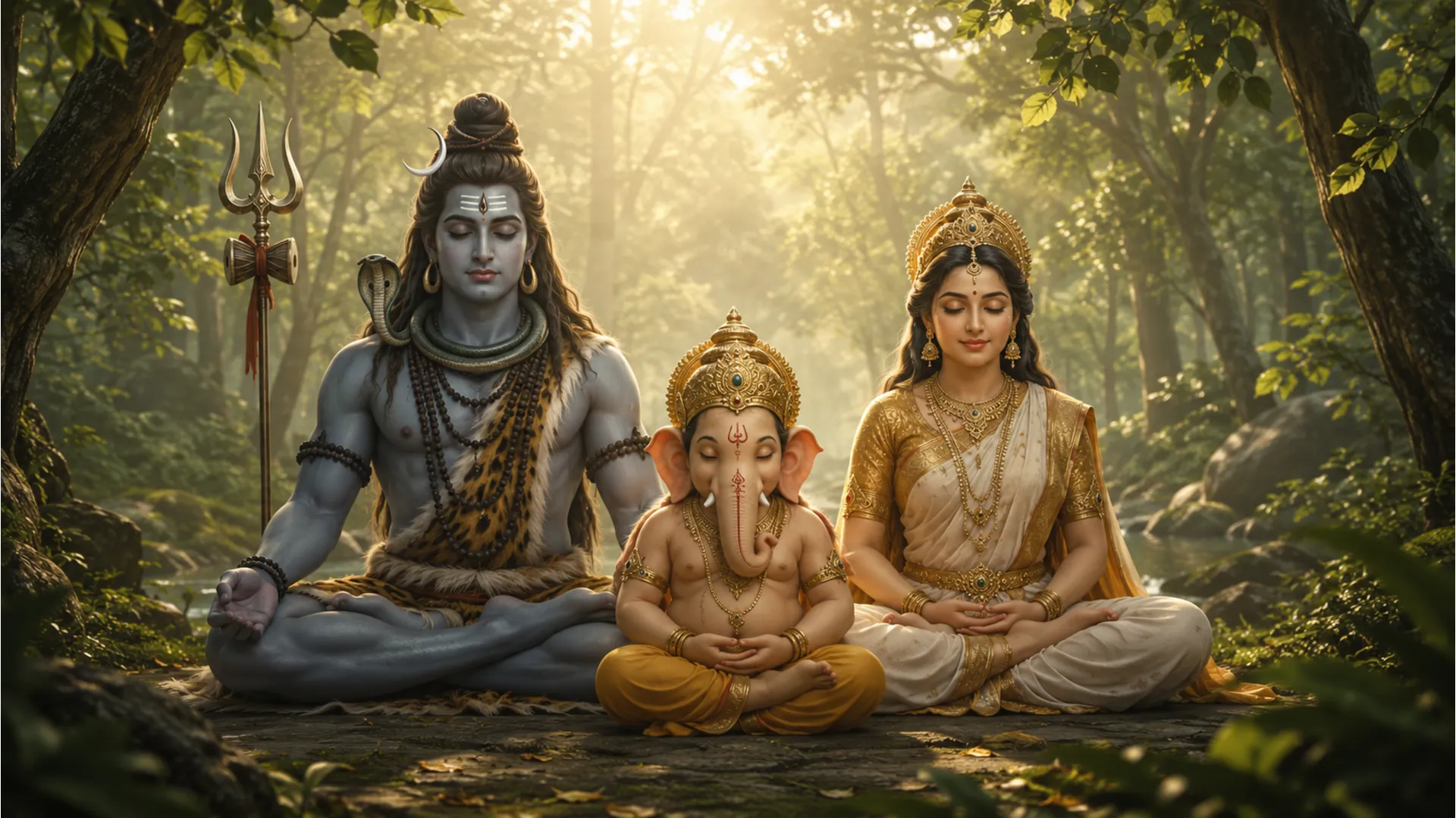 A tranquil scene of Lord Shiva, Goddess Parvati, and Lord Ganesh meditating in a serene forest hermitage.