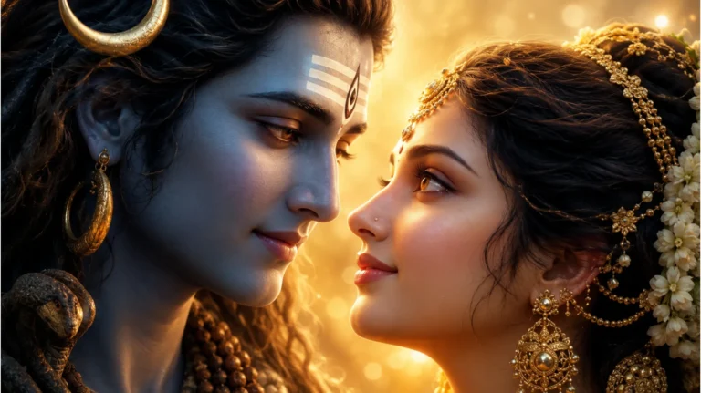 Close-up portrait focusing on the loving eyes of Shiv Parvati