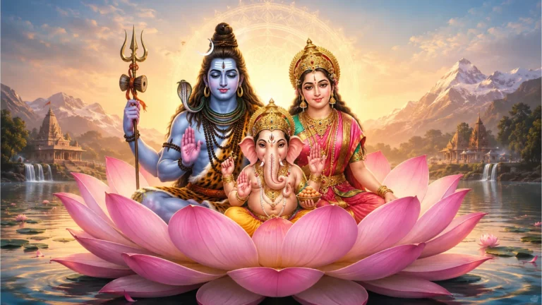 A symbolic depiction of Lord Shiva, Goddess Parvati, and Lord Ganesh within a blooming lotus, representing the awakening of consciousness.