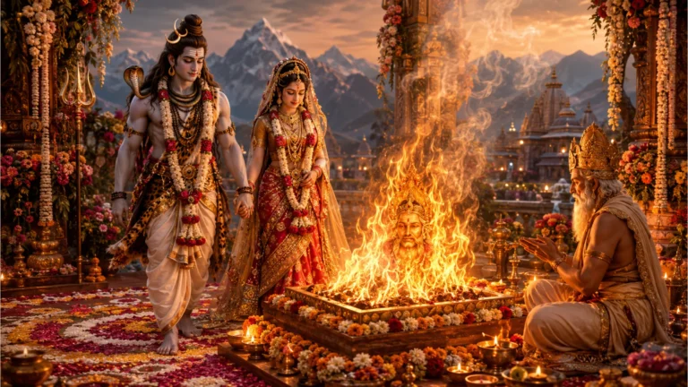 Shiv and Parvati performing the pheras (sacred circumambulation) around the holy fire during their marriage. HD image.