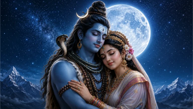 Shiva and Parvati embracing gently under a clear dark blue sky with a glowing full moon and stars