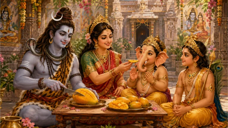 Lord Shiva's family sharing a symbolic mango, teaching the value of sharing.