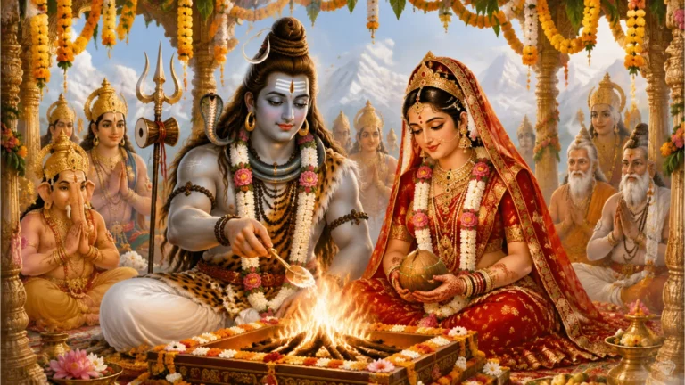 Lord Shiva and Goddess Parvati at their wedding mandap, with flowers and fire.