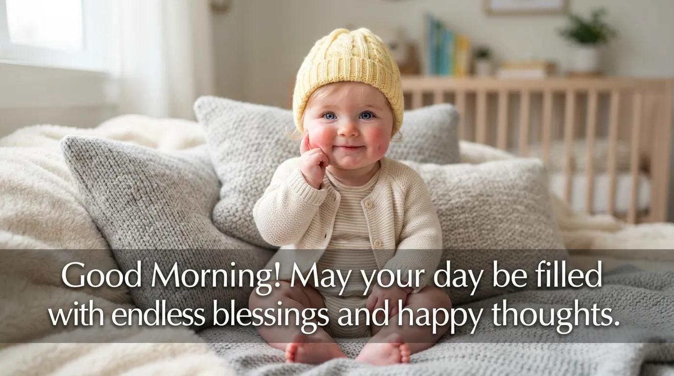Sweet baby holding cheek thoughtfully under a warm blanket with an inspiring morning quote.