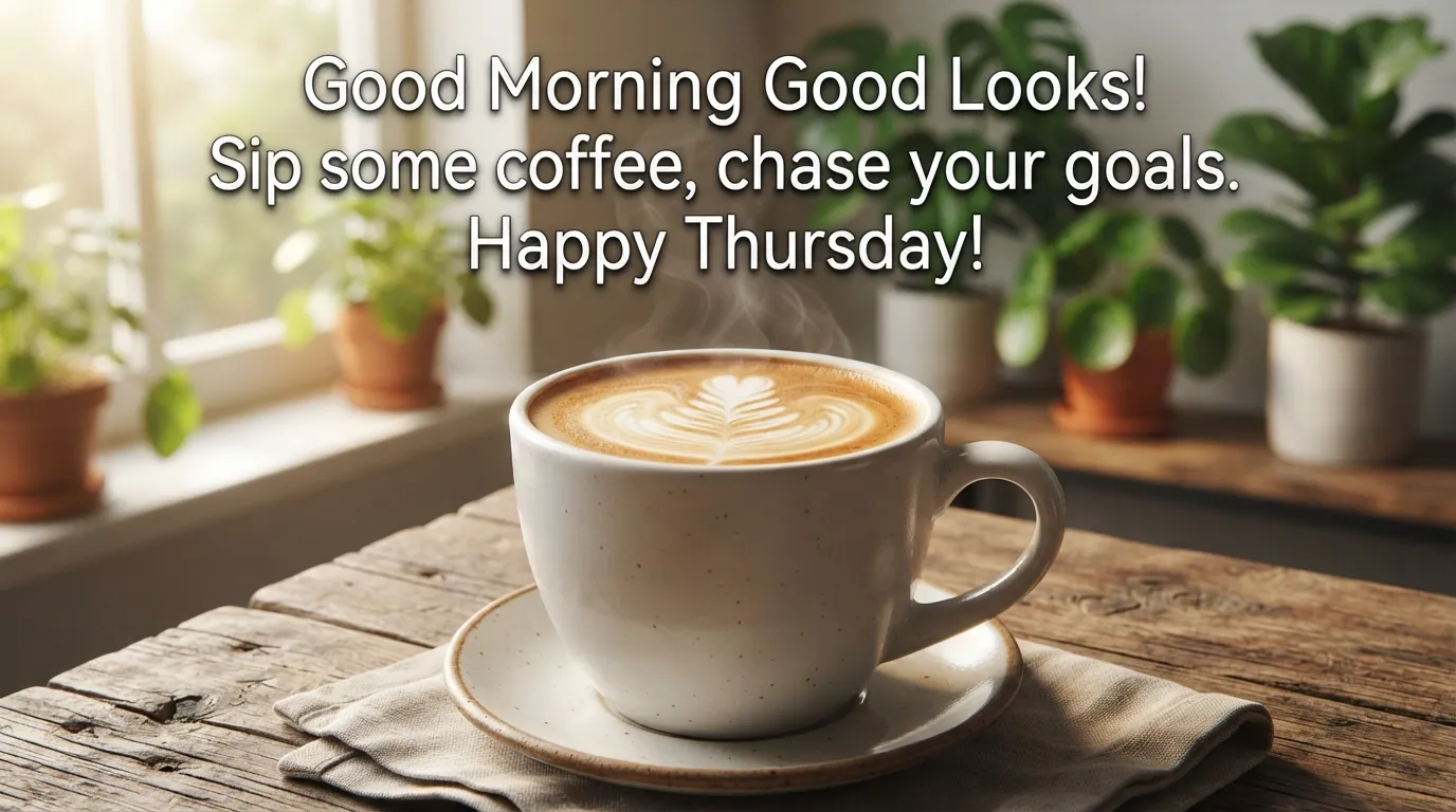 A steaming cup of coffee on a wooden table with a Thursday morning greeting.