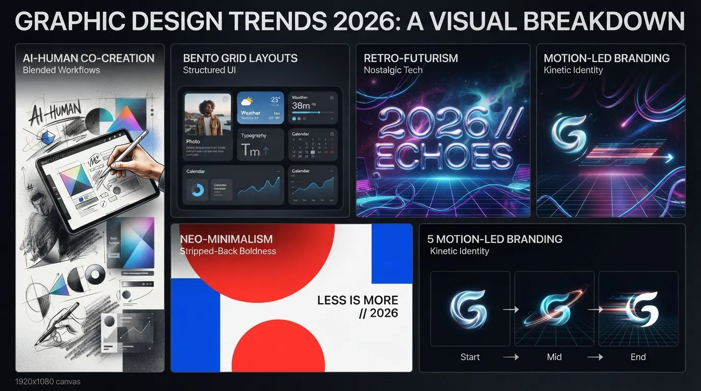 Comprehensive visual infographic showing the top 5 graphic design trends of 2026, including AI-human co-creation, Bento grid layouts, retro-futurism, neo-minimalism, and motion-led branding.