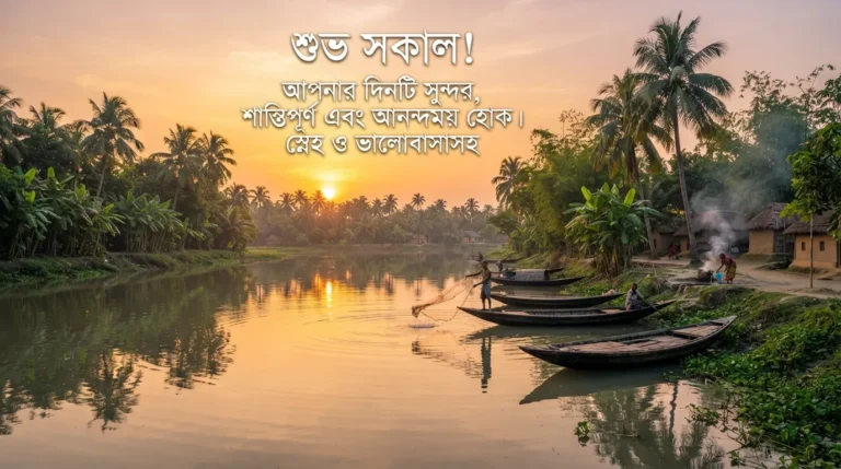 Beautiful sunrise over a rural village river in Bangladesh with Bangla good morning text.