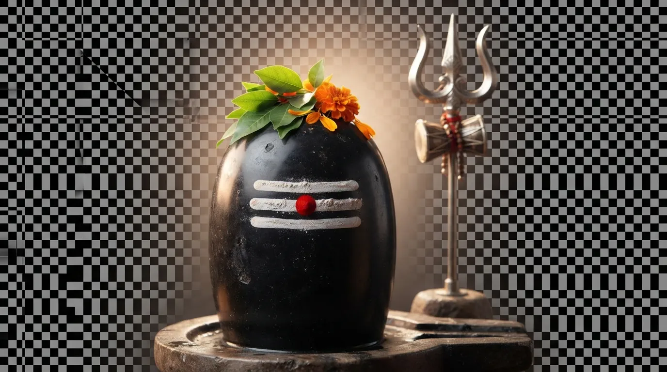 Black stone Shivling images HD PNG with a silver Trishul and glowing background.