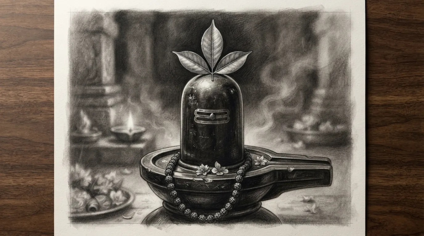 A detailed black and white charcoal sketch of a sacred Shivling with a Belpatra leaf on top.