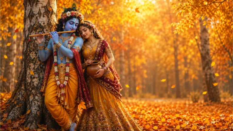 Artistic portrait of a divine couple in an autumn forest with falling orange leaves