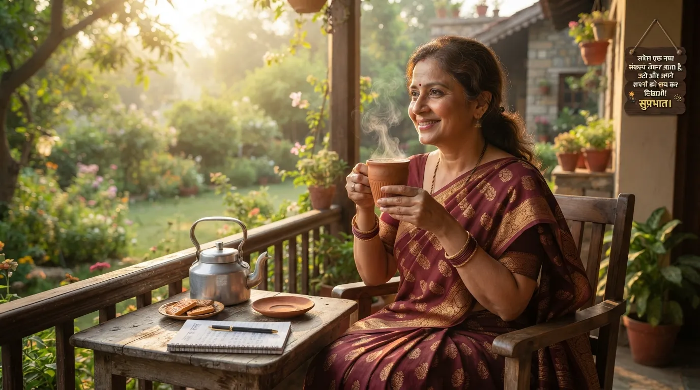 A hot cup of Indian cutting chai with steam rising and a motivational morning quote written in Hindi.
