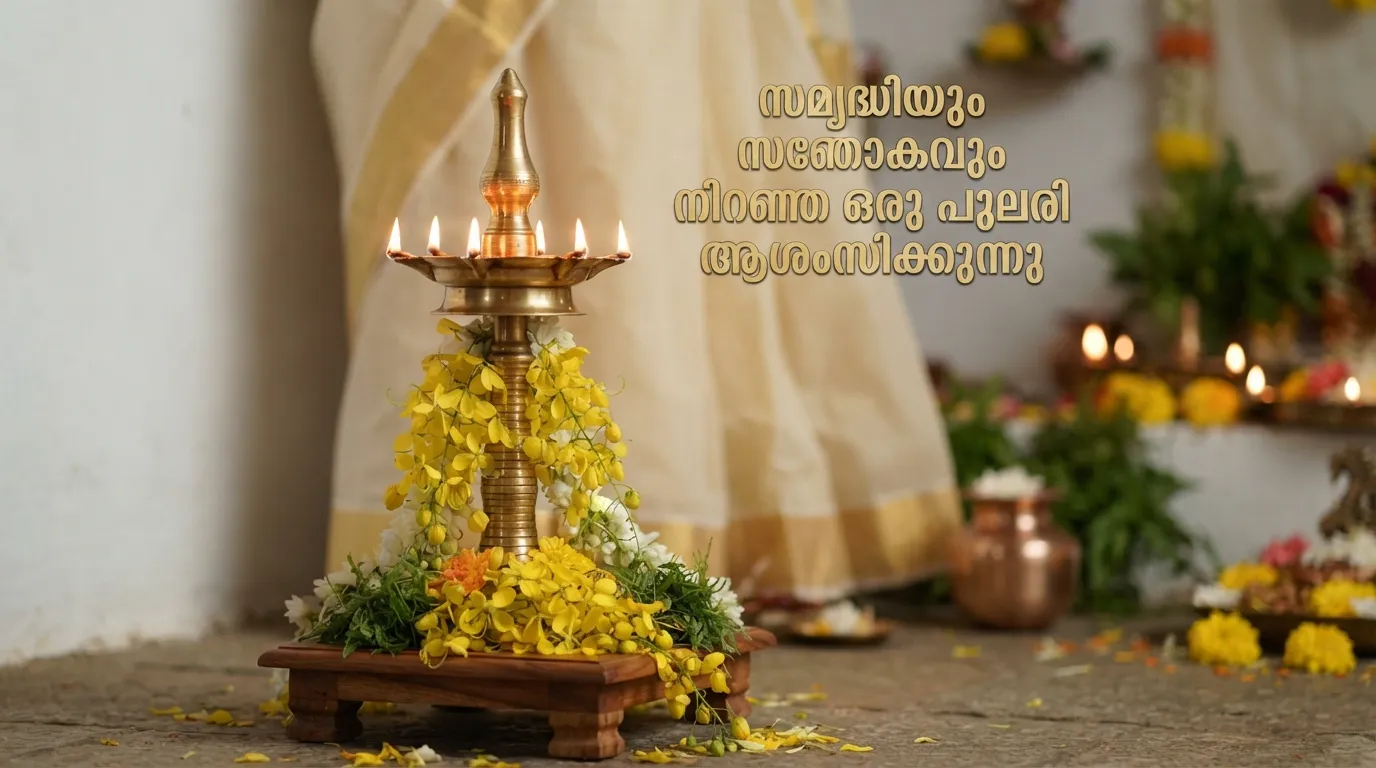 A traditionally lit Nilavilakku (brass lamp) with Kerala Kasavu elements and Malayalam morning blessings.