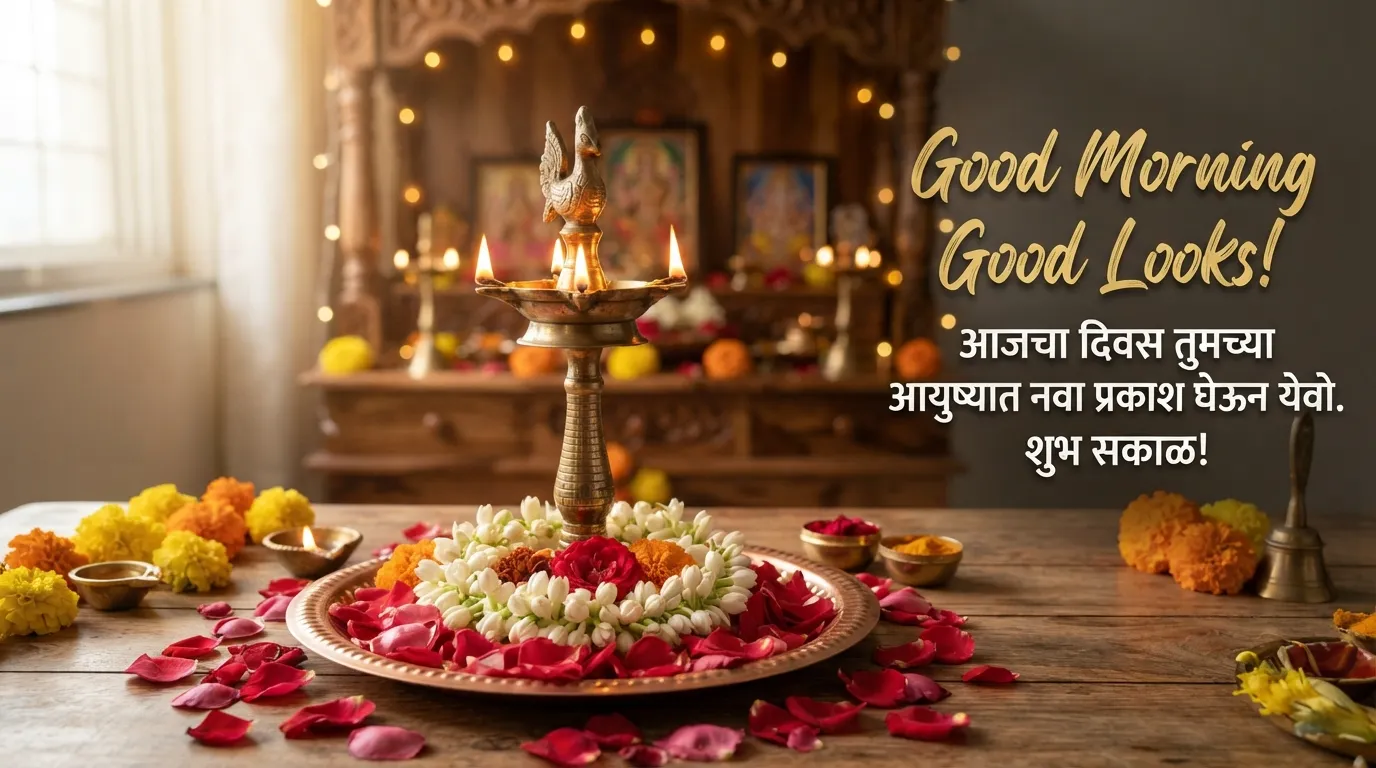 Traditional brass samai diya with flowers for marathi good morning status.