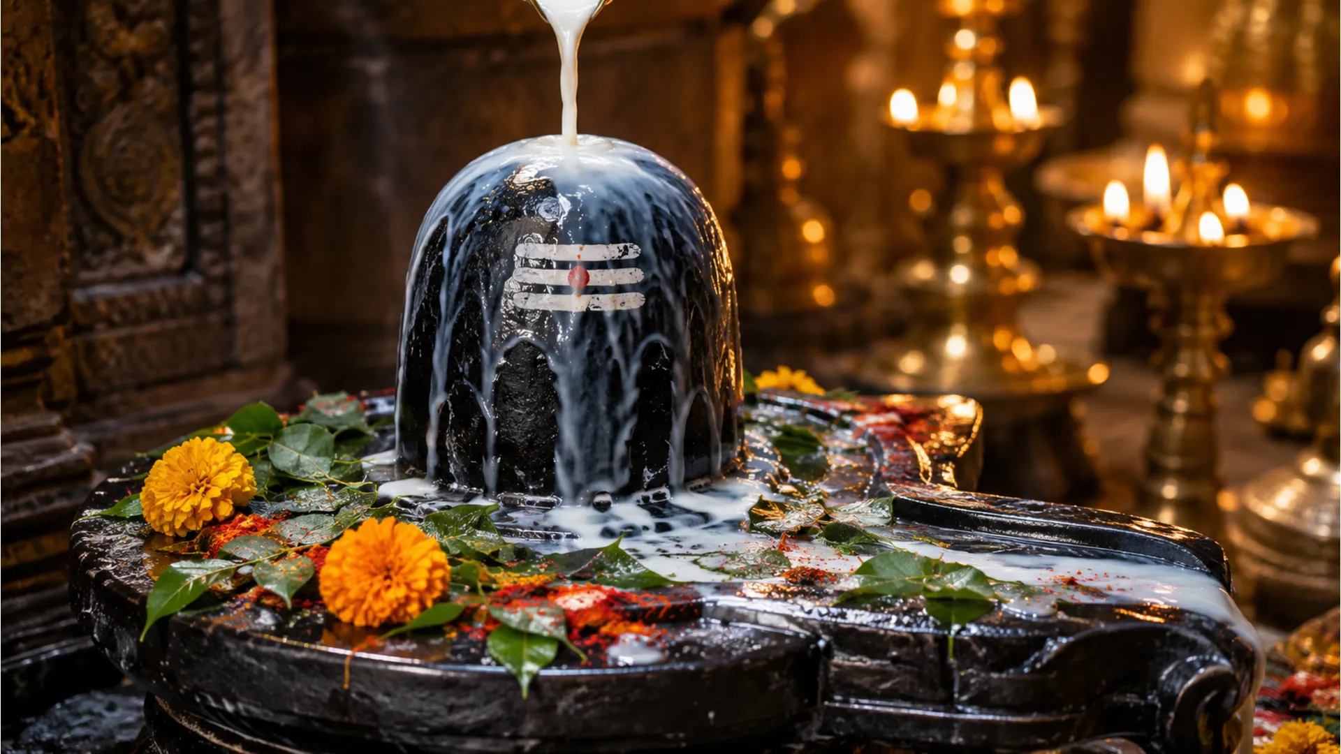 A vibrant close-up bholenath ke photo showing a traditional dark stone Shivling during a holy Abhishek ceremony with milk and flowers.