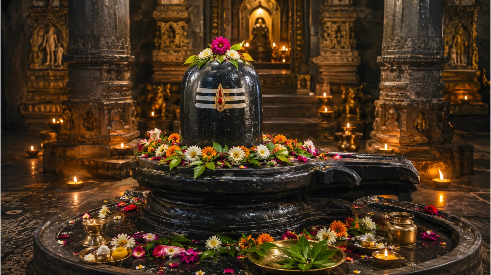 Antique stone Shivling with flower offerings inside a traditional Hindu temple, divine atmosphere, full-HD image.