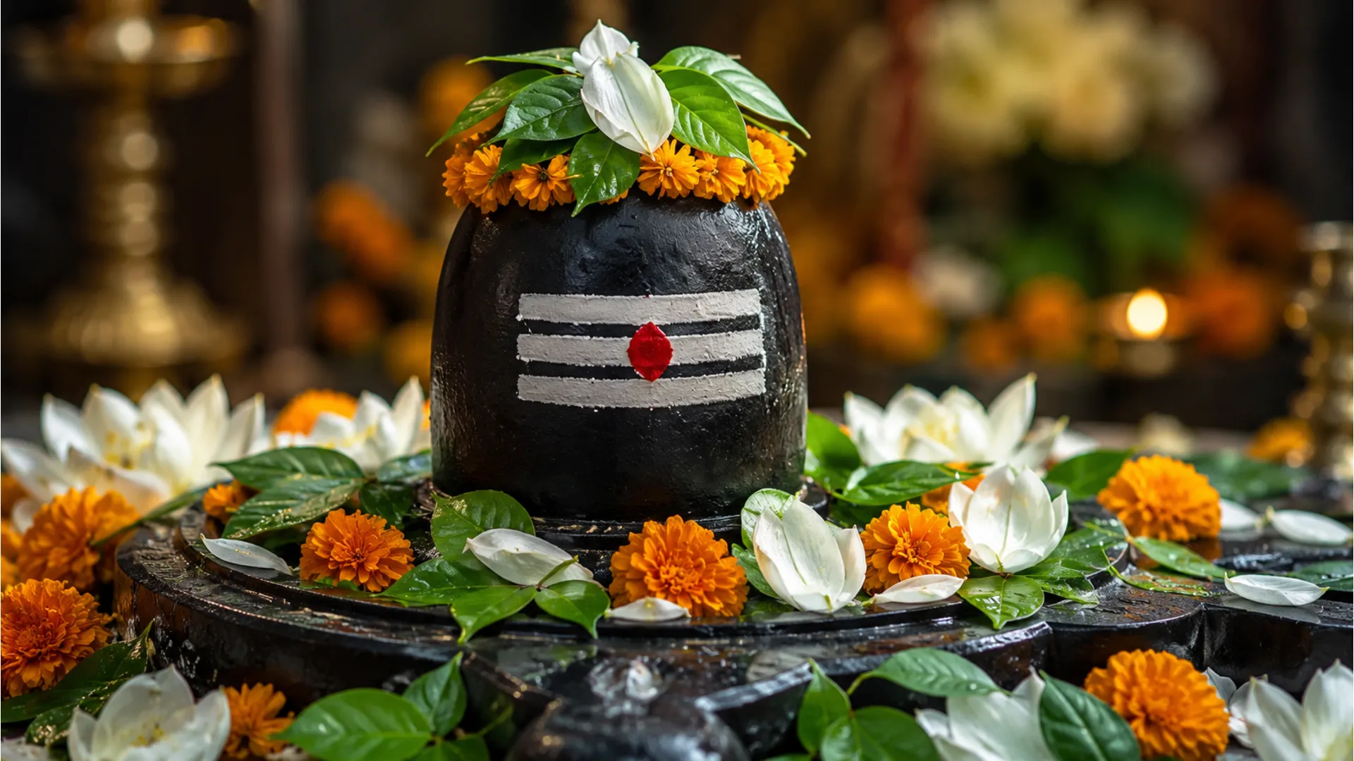 Beautifully decorated Shivling with fresh flowers and sacred leaves.