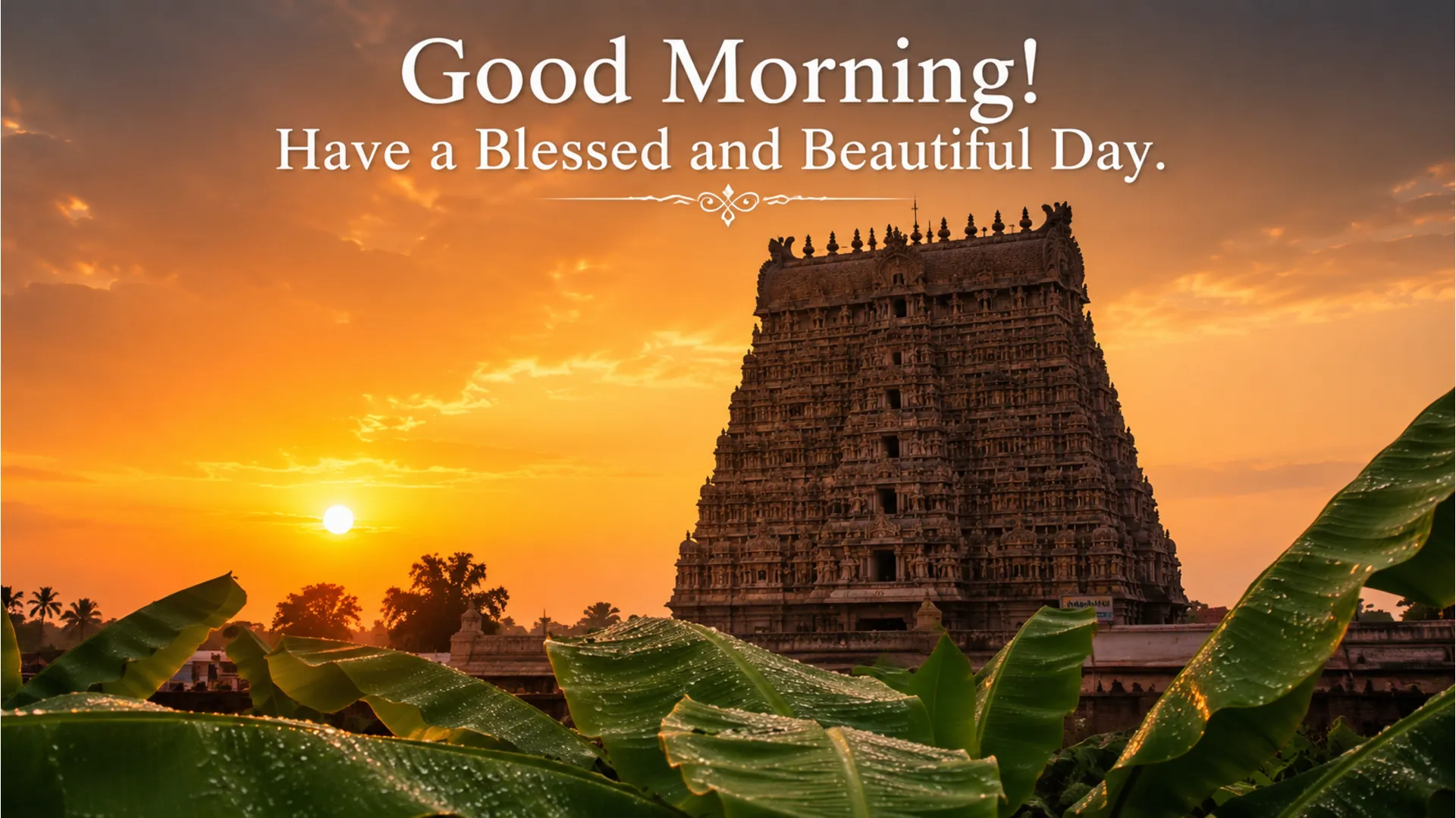 A beautiful sunrise over a traditional South Indian temple with a good morning quote in English.
