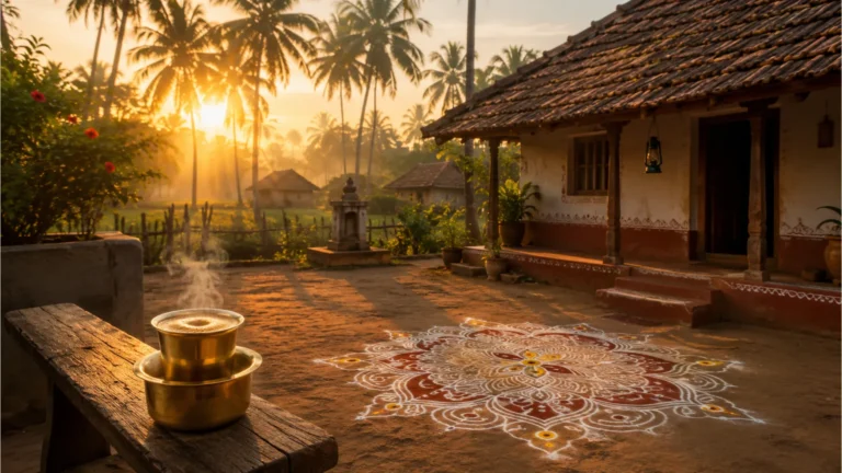 Good morning image in Telugu featuring a peaceful rural village sunrise with traditional kolam pattern