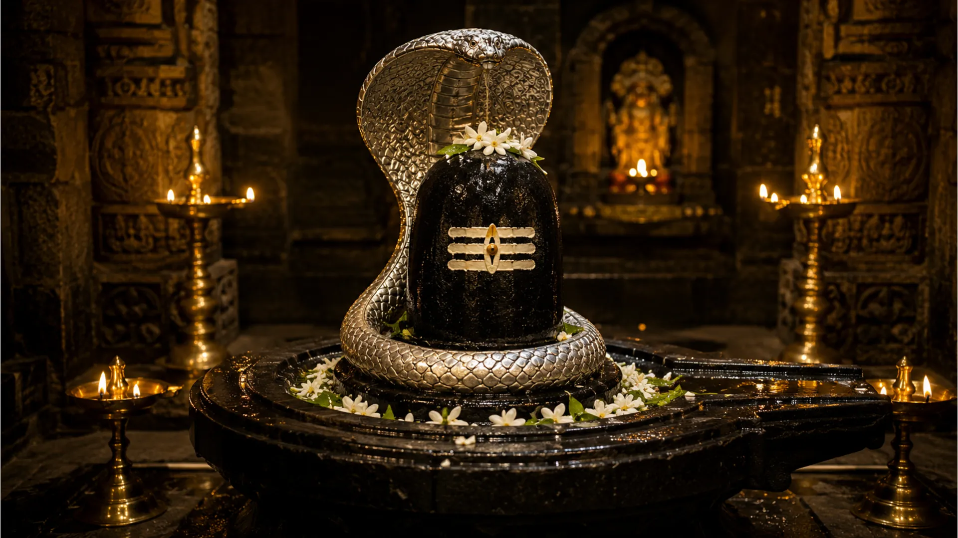 Inner sanctum of a Hindu temple featuring a dark stone Shivling wrapped in a silver Nag snake.