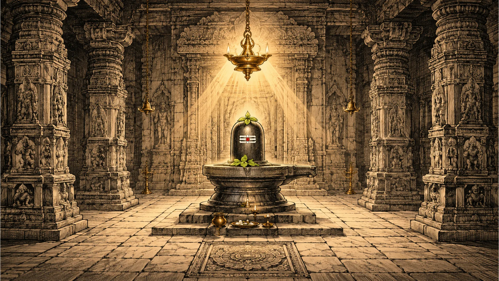Architectural perspective temple room featuring shivling images for drawing.
