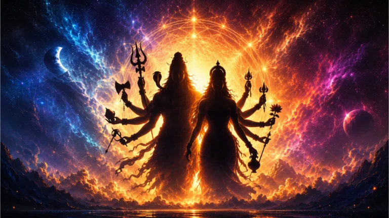 Abstract silhouette artwork of multi-armed Shiva and Parvati merging into a bright cosmic background.