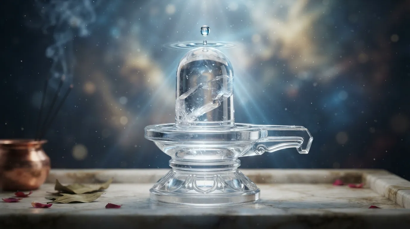 Transparent crystal Sphatik Shivling image HD PNG with divine light rays.