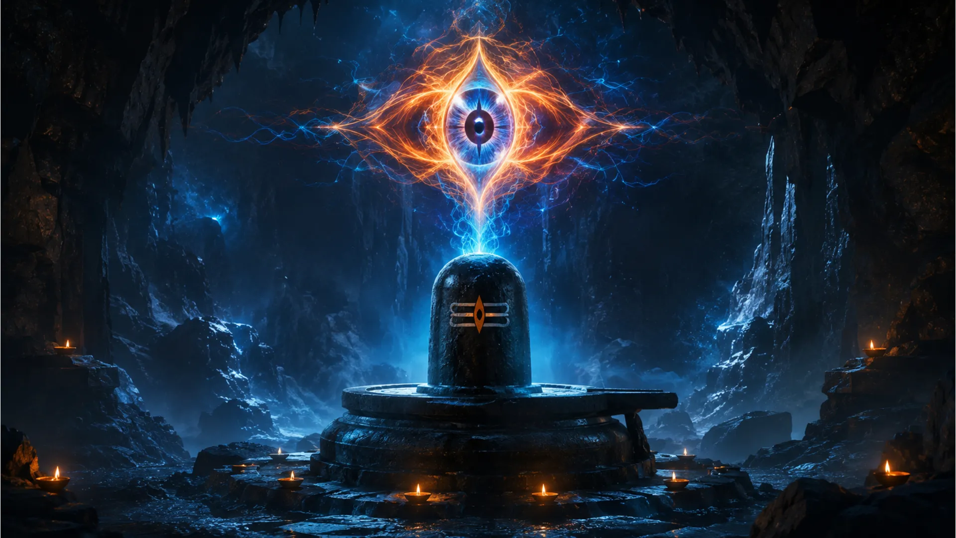 An atmospheric full HD image featuring a powerful stone Shivling with a radiating, symbolic depiction of Lord Shiva's third eye (Trinetra) above it.
