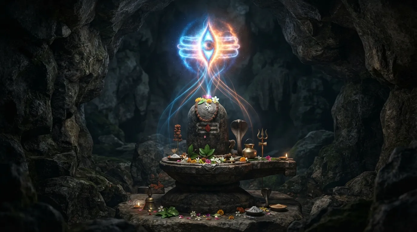 An atmospheric bholenath ke photo showing a dark granite Shivling with a glowing symbol of the third eye radiating light above it.