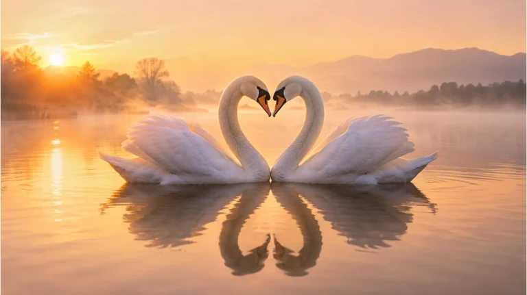 Two white swans forming a heart shape on a calm lake during early morning dawn.