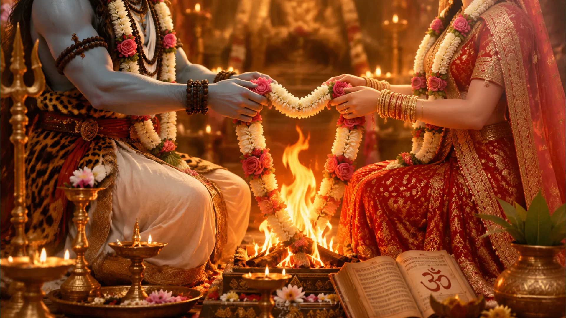 Vedic style Jaimala ceremony of Lord Shiva and Parvati with holy fire.