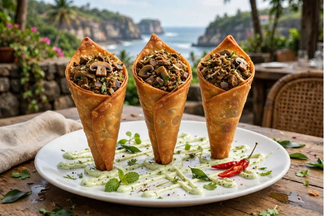 Mushroom Xacutti Samosa Cone with mint mayo and chilli garnish